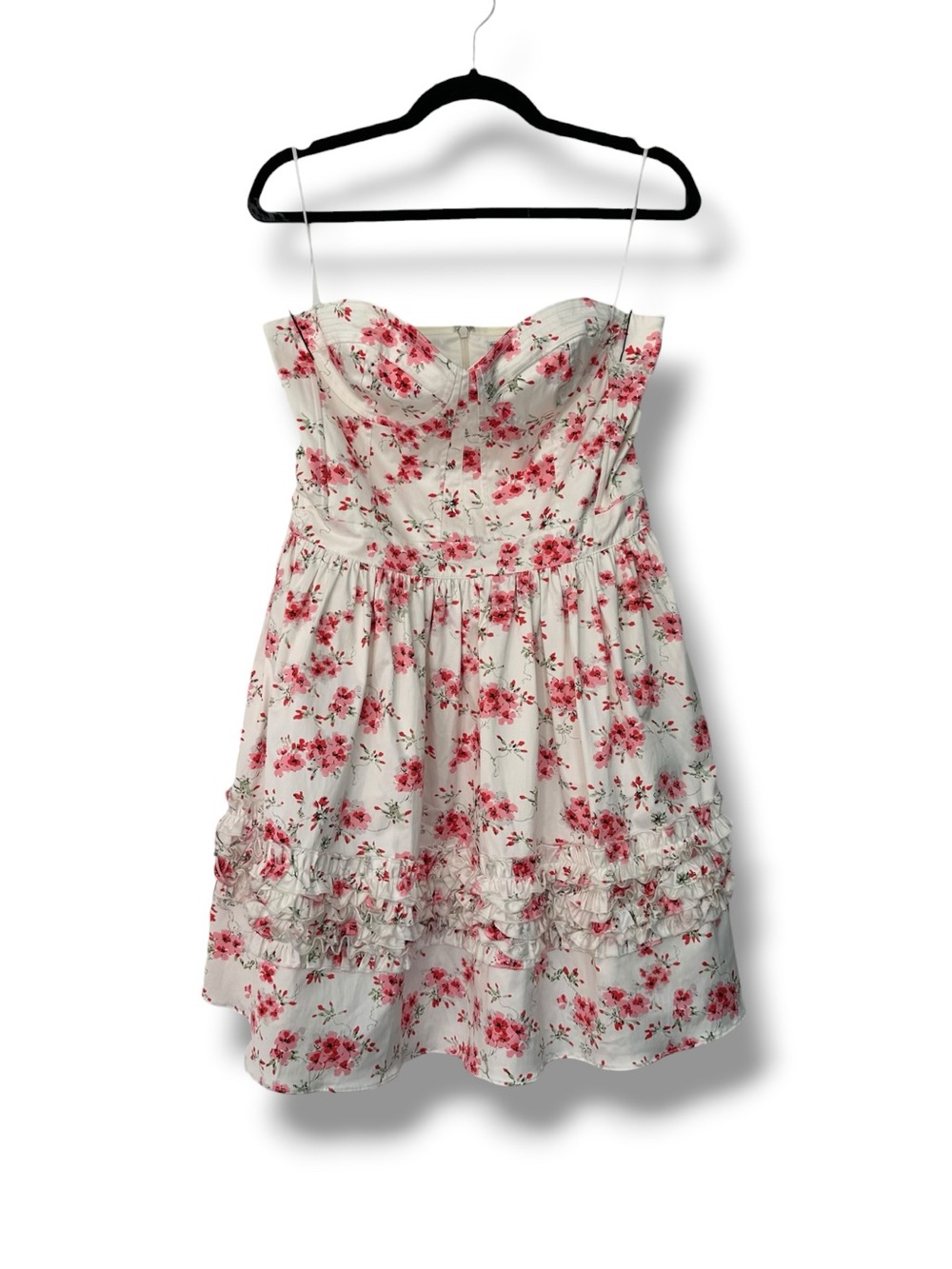 Pink Floral Ruffle Strapless White Mini Garden Party Dress Lg The Man Repeller x